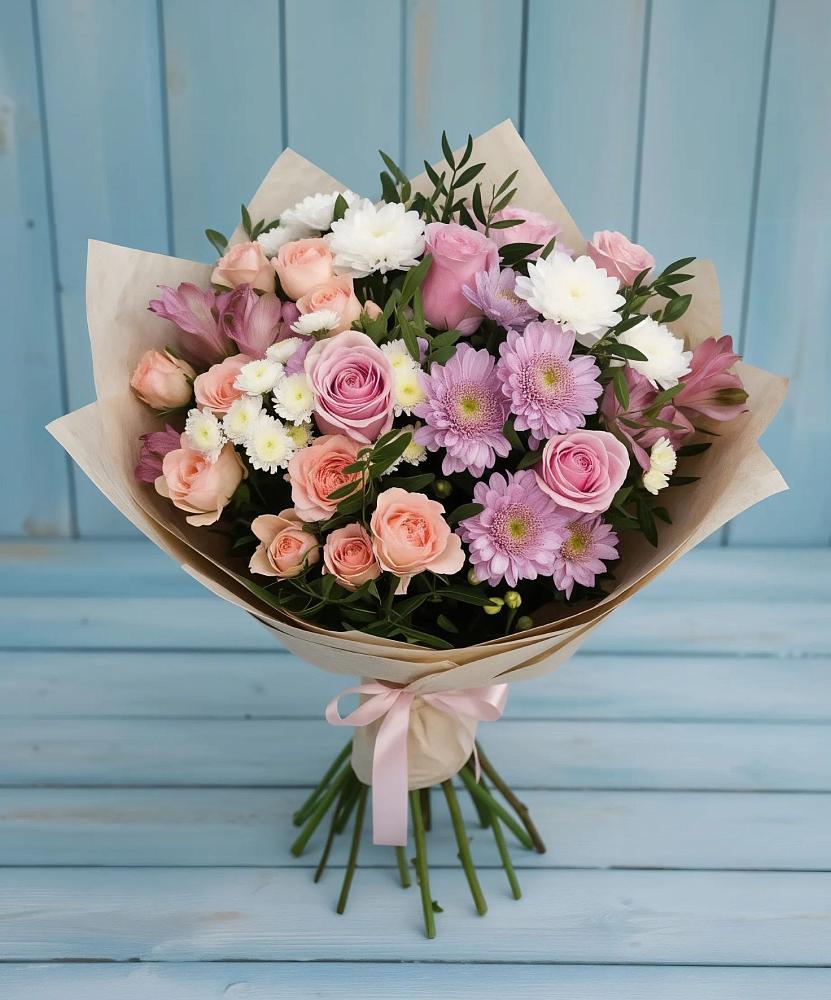 Букет цветов из: Хризантемы, Розы и Альстромерии в Ромашково
