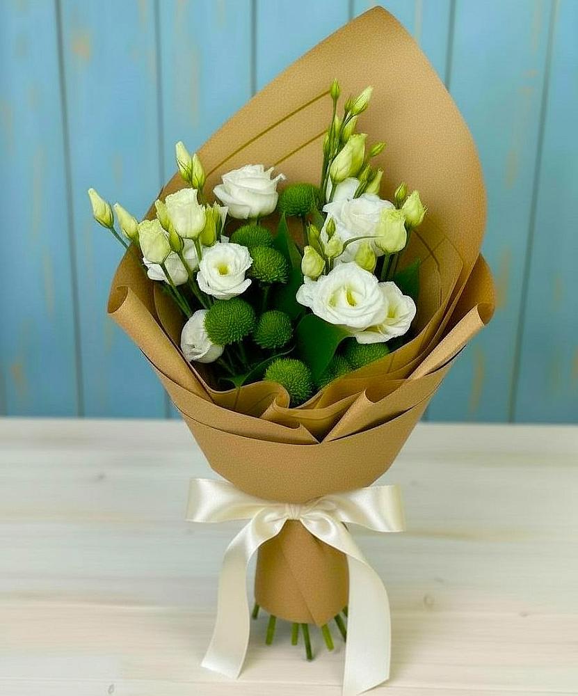 Букет цветов из: Хризантемы и Лизиантусы в Ромашково