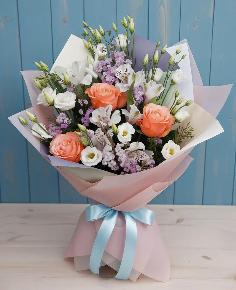 Букет цветов из: Лизиантусы, Розы, Альстромерии и Гипсофила в Ромашково