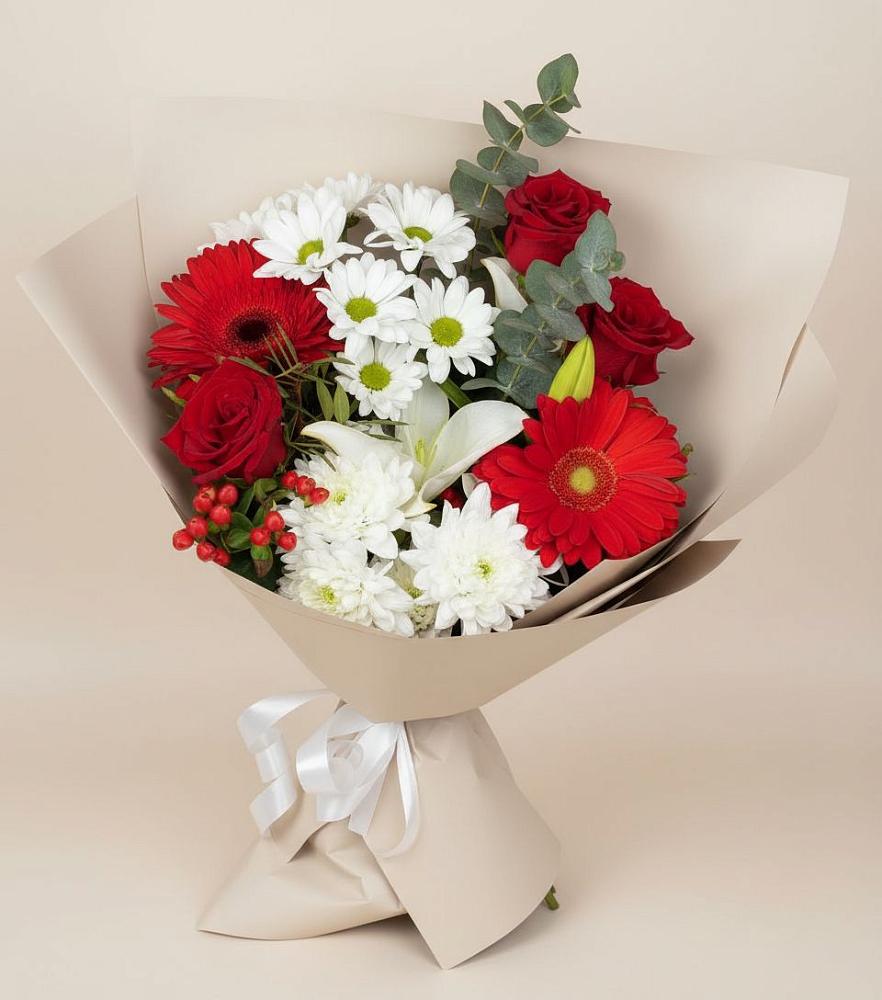 Букет цветов из: Розы, Хризантемы, Герберы и Лилии в Ромашково