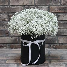 Цветочная композиция из Гипсофила в шляпной коробке в Ромашково