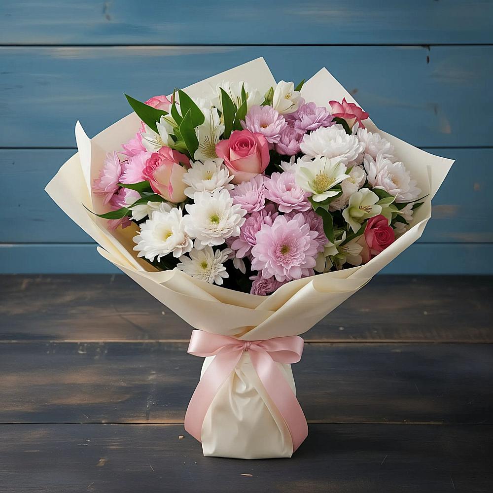 Букет цветов из: Хризантемы, Альстромерии и Розы в Ромашково